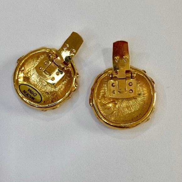 Vintage 50s MCM Gold Atomic Triangle Design Round Shoe Purse Accessory Clips - Picture 3 of 9